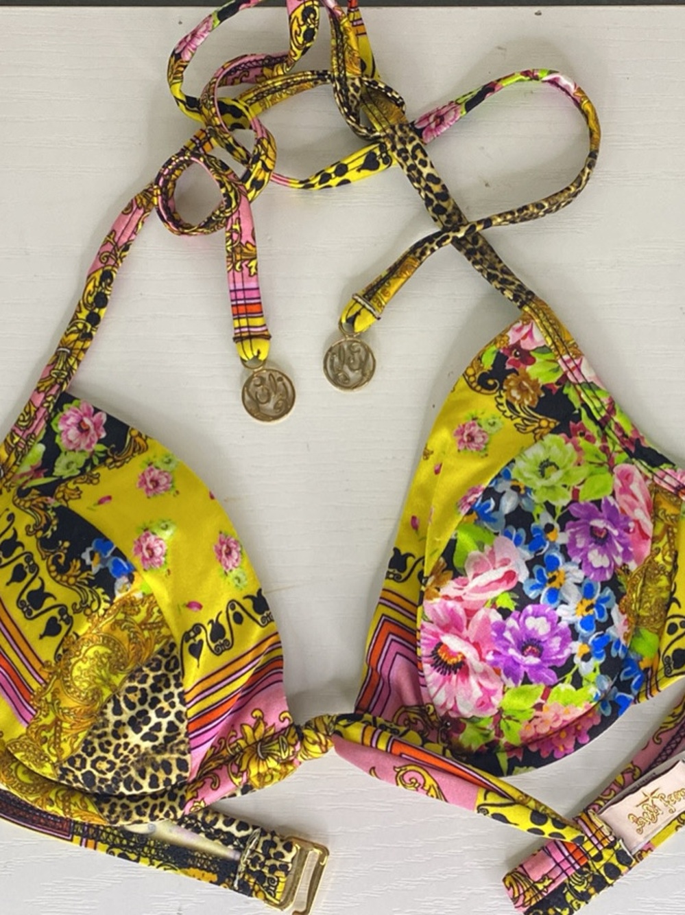Luli Fama Yellow Floral & Leopard Print Bikini Top